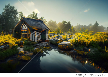 Painting style digital art of spectacular cottage in forest Painting style digital art of spectacular cottage in forest 95337749