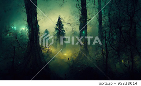 Dark scary forest cursed by witch spell spectacular 3D illustration Dark scary forest cursed by witch spell spectacular 3D illustration 95338014
