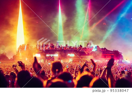Crowd of people in music festival at spectacular night concert 95338047