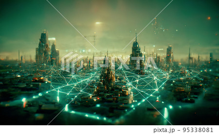 Internet connection in spectacular futuristic city. Digital art 3D illustration. 95338081
