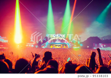 Crowd of people in music festival at spectacular night concert 95338103