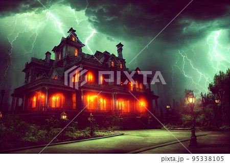Abandoned ghost house scary night spectacular 3D illustration digital painting Abandoned ghost house scary night spectacular 3D illustration digital painting 95338105