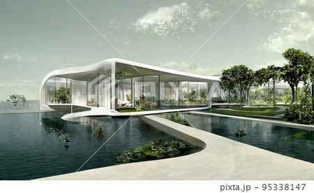 Luxury pool villa spectacular contemporary design 3D illustration digital art 95338147