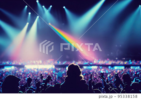 Crowd of people in music festival at spectacular night concert 95338158