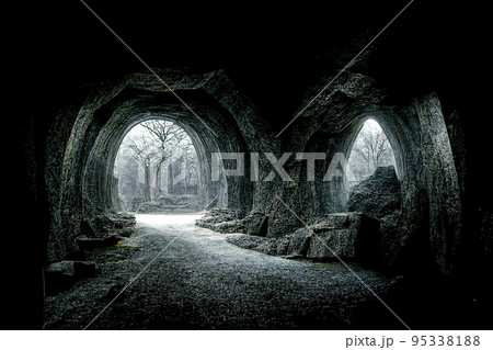 Dark dungeon catacomb underground tunnel spectacular halloween 3D illustration Dark dungeon catacomb underground tunnel spectacular halloween 3D illustration 95338188