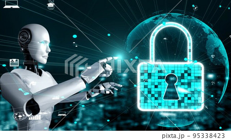 AI robot huminoid uses cloud computing technology to store data on online server 95338423
