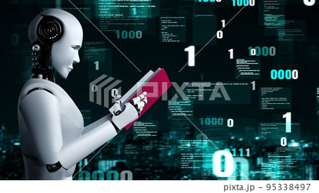 Futuristic robot artificial intelligence huminoid AI programming coding Futuristic robot artificial intelligence huminoid AI programming coding 95338497