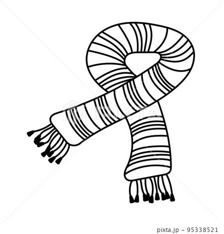 Warm striped knitted scarf in doodle style. Hand drawn vector icon. 95338521