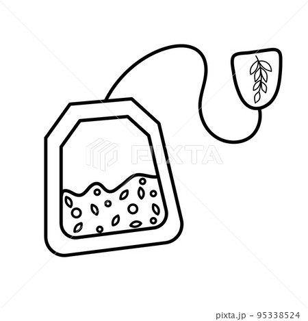 Tea bag with green tea in doodle style. Hand drawn vector icon. 95338524