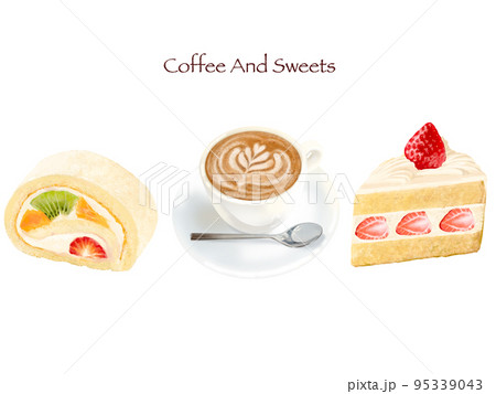 フルーツと生クリームのロールケーキとショートケーキーラテの白バックイラストー手描き素材 95339043