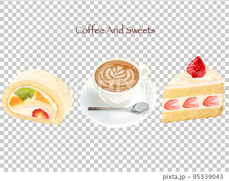 水果和鮮奶油卷蛋糕和脆餅-拿鐵白色背景插圖-手繪材料 水果和鮮奶油卷蛋糕和脆餅-拿鐵白色背景插圖-手繪材料 95339043