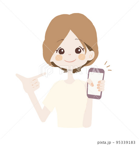 iPhone(スマホ)を持って、おすすめポイントを紹介している女の子のイラスト iPhone(スマホ)を持って、おすすめポイントを紹介している女の子のイラスト 95339183