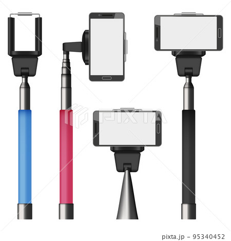 Selfie stick video photo mobile mockup set. Realistic illustration of 4 selfie stick video photo mobile mockups for web 95340452