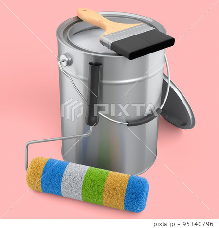 Open metal can with paint roller and bristle brush on pink background. Open metal can with paint roller and bristle brush on pink background. 95340796