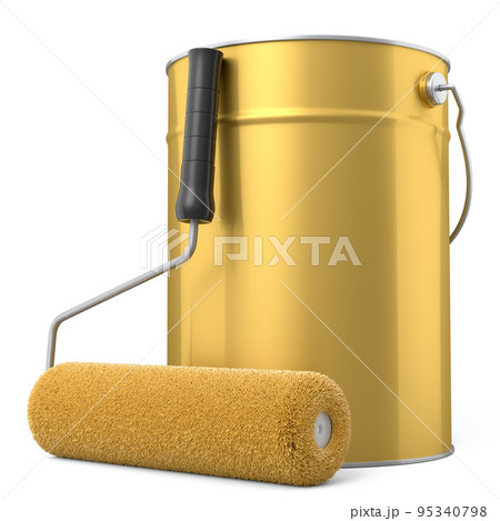 Open metal can with paint roller for painting walls on white background. Open metal can with paint roller for painting walls on white background. 95340798