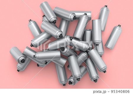 Lots of flying spray paint cans on pink background. Spray bottle and dispenser 95340806