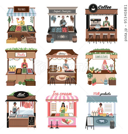 Shop booth. Street market stalls with products, funny sellers, vegetables and fruits, meat, milk and ice cream, coffee and flowers, bakery and seafood, various food, tidy vector cartoon set 95340881