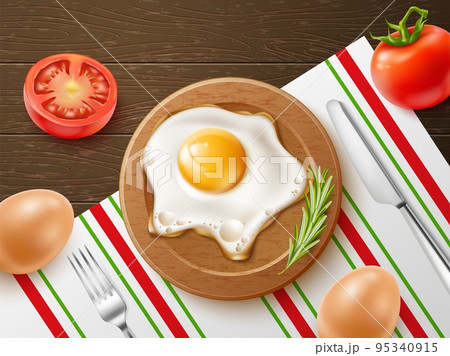 Realistic fried eggs breakfast. Morning fast food, plate top view, fresh tomatoes, natural farm products, rustic serving, fork and knife on napkin. Healthy organic food. Utter vector concept 95340915