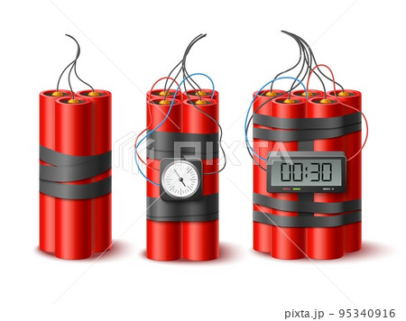 Realistic dynamite. Firecrackers bundles with wick, classic bombs with detonators, clockwork mechanisms, mass destruction weapons, explosive military 3d isolated elements utter vector set Realistic dynamite. Firecrackers bundles with wick, classic bombs with detonators, clockwork mechanisms, mass destruction weapons, explosive military 3d isolated elements utter vector set 95340916