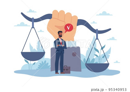 Legal support, social justice, equal rights. Tiny businessman or professional lawyer consultant and huge law scales, human protection. Jurist character. Vector cartoon flat concept 95340953