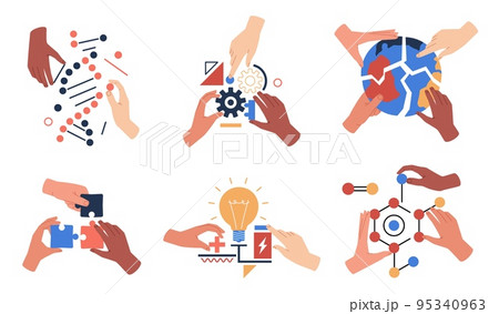 Hands with abstract shapes puzzles. Geometrical shapes, physical, mathematical, biological symbols, human arms, teamwork and partnership concept, medicine and science, nowaday vector set Hands with abstract shapes puzzles. Geometrical shapes, physical, mathematical, biological symbols, human arms, teamwork and partnership concept, medicine and science, nowaday vector set 95340963
