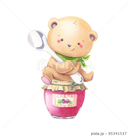 A cute watercolor bear with a spoon sits on a jar of jam. 95341537