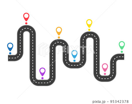 Curve asphalt road path with pin pointers. 95342378