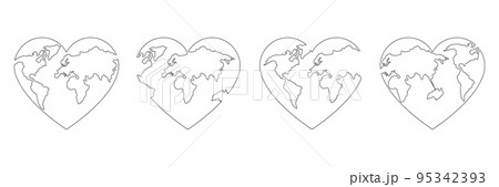World map continuous line drawing of the heart shape set. World map continuous line drawing of the heart shape set. 95342393