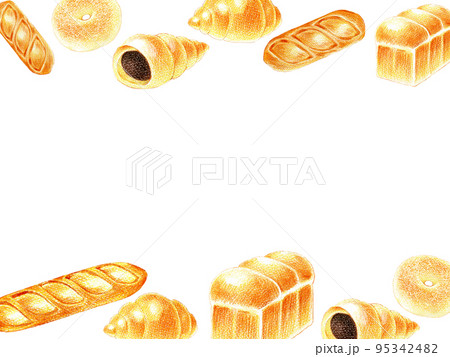 たくさんの種類のパンの色鉛筆画イラストフレーム素材 95342482