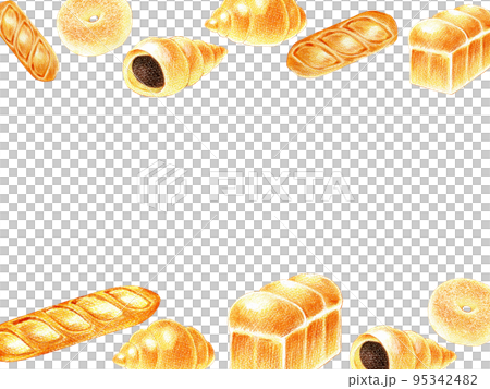 たくさんの種類のパンの色鉛筆画イラストフレーム素材 95342482
