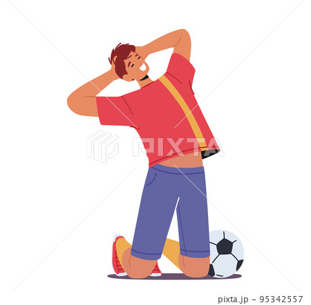 Happy Man Soccer Player Celebrating Victory, Rejoice After Goal. Sportsman Character In Football Uniform Stand on Knees 95342557