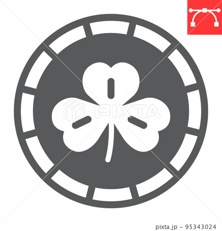 Coin with three leaf clover glyph icon, St. Patricks day and holiday, golden coin with clover vector icon, vector graphics, editable stroke solid sign, eps 10 Coin with three leaf clover glyph icon, St. Patricks day and holiday, golden coin with clover vector icon, vector graphics, editable stroke solid sign, eps 10 95343024