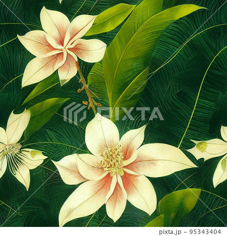 Closeup nature view of green leaf and palms background. Flat lay, dark nature concept, tropical leaf. Seamless pattern. Closeup nature view of green leaf and palms background. Flat lay, dark nature concept, tropical leaf. Seamless pattern. 95343404