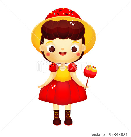 Cartoon girl in beautiful dress with caramel apple. Cute princess Cartoon girl in beautiful dress with caramel apple. Cute princess 95343821