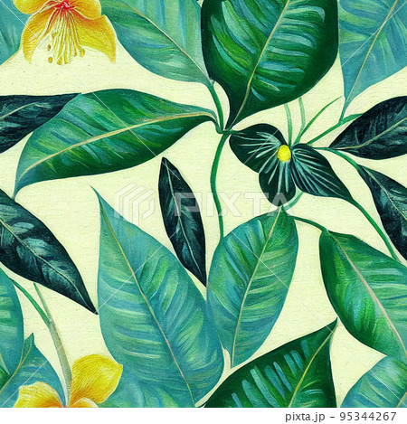 Closeup nature view of green leaf and palms background. Flat lay, dark nature concept, tropical leaf. Seamless pattern. 95344267