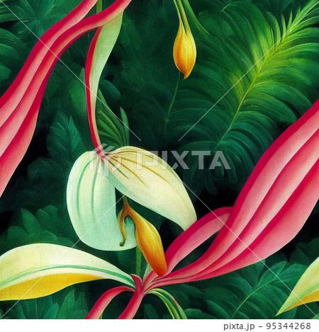 Closeup nature view of green leaf and palms background. Flat lay, dark nature concept, tropical leaf. Seamless pattern. 95344268