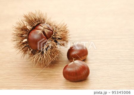 木のテーブルの上の栗と栗の実 木のテーブルの上の栗と栗の実 95345006