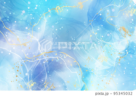 Cyan Blue Liquid Watercolor Background With Golden Stains Teal