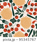 Italian pasta ingredients seamless pattern. Spaghetti and tomato background. Food textured composition. Vector illustration. 95345767