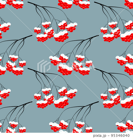 Seamless pattern, brunches of red rowan in the snow on a blue background. Print, background, vector 95346040