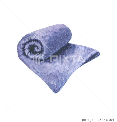 A blue terry towel, rolled up. Watercolor illustration, isolated object from a large set of Lavender SPA. For decoration, design and compositions. 95346364