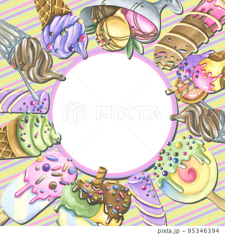 Square and round frame with various ice cream cones, popsicles, cremans. Watercolor illustration from a large set of ICE CREAM. For the design and decoration of postcards, invitations, advertising, 95346394