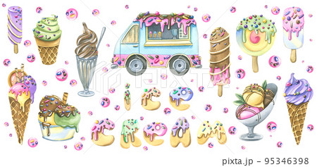 A large set with various ice cream, car and sweet letters. Watercolor illustration. For design, decoration and composition of compositions, advertising, packaging, souvenirs, stickers, posters, prints A large set with various ice cream, car and sweet letters. Watercolor illustration. For design, decoration and composition of compositions, advertising, packaging, souvenirs, stickers, posters, prints 95346398