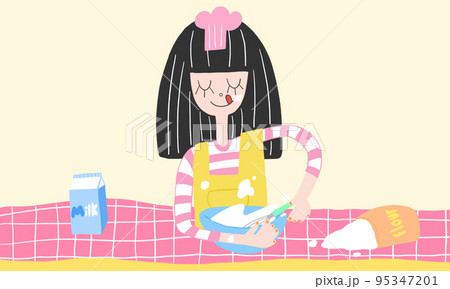 Illustration of cute girl cooking bakery made dessert wear pink uniform and yellow apron 95347201