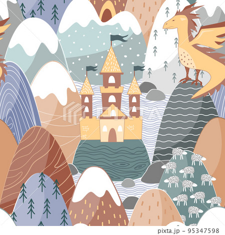 Fairy tale seamless pattern with cute dragon, magic castle, and mountains. Fairy land hills pastel background for kids, vector illustration Fairy tale seamless pattern with cute dragon, magic castle, and mountains. Fairy land hills pastel background for kids, vector illustration 95347598