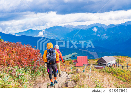 (長野県)紅葉が美しい白馬八方尾根登山 八方池山荘を見下ろす登山者 (長野県)紅葉が美しい白馬八方尾根登山 八方池山荘を見下ろす登山者 95347642