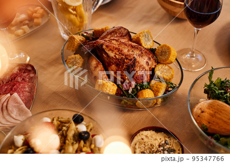 Roasted Chicken on Festive Dinner Table Roasted Chicken on Festive Dinner Table 95347766