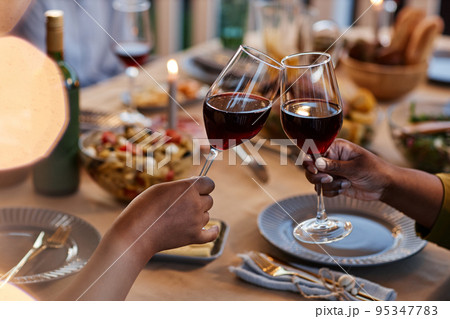 Toasting with Wine at Dinner Table 95347783