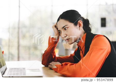 Business asian woman stress from covid 19 virus outbreak about world finance. 95347899