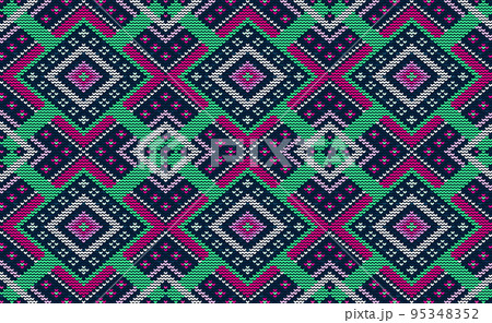 Knitted ethnic pattern, Vector Embroidery diagonal ethnic style, Pink and green pattern jacquard classic design 95348352